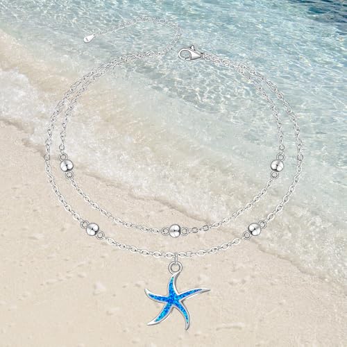 Sterling Silver Anklets for Women Sea Turtle Starfish Anklet Bracelet Ocean Beach Jewelry Opal Summer Foot Mothers Day Gift - style: Anklet-Starfish-A002