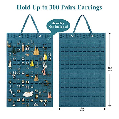 Resovo Hanging Earrings Organizer, Wall Earring Holder with 20 Hooks, Holds Up To 300 Pairs, Compact Design, Soft Material-Dark Green - color: Dark Green, size: 22.5*13.6 inches