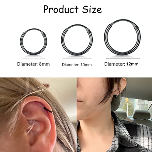 EPIRORA Silver Hoop Earrings- Cartilage Endless Small Hoop Earrings Set for Women Men, 3 Pairs of Hypoallergenic 925 Sterling Silver Tragus Earrings Nose Lip Rings - color: 3 Pairs(8/10/12mm)-Black