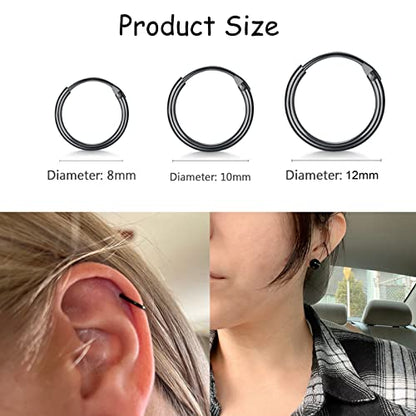 EPIRORA Silver Hoop Earrings- Cartilage Endless Small Hoop Earrings Set for Women Men, 3 Pairs of Hypoallergenic 925 Sterling Silver Tragus Earrings Nose Lip Rings - color: 3 Pairs(8/10/12mm)-Black