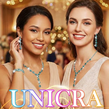 Silver Wedding Jewelry Sets Rhinestone Necklace Earrings Bracelet Set Prom Formal Costume Jewelry for Women and Brides - color: Green