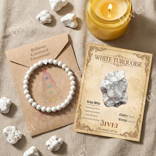 Bivei Crystal Stretch 6mm Bracelets for Women | Handmade Natural Stone Beaded Stretch Bracelet, Stainless Steel Heart Bead, Tranquility Yoga Gift Jewelry for Women - color: White Turquoise - Stabilizing