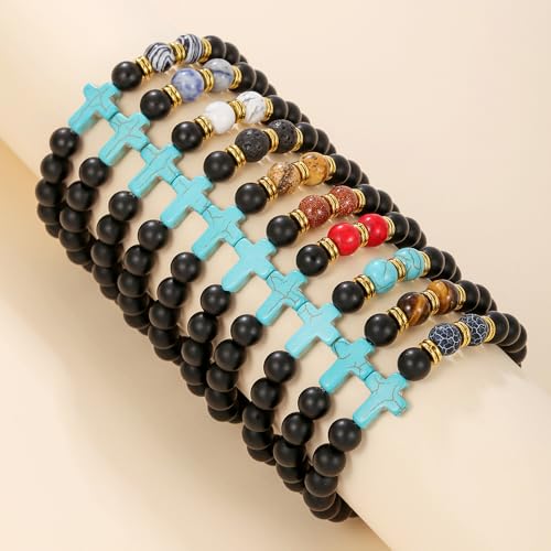 Beaded Bracelets Cross Bracelet for Women Men Lava Rock Turquoise Tiger Eye Natural Bracelet Anxiety Healing - color: 10 Pcs- Z (green cross)