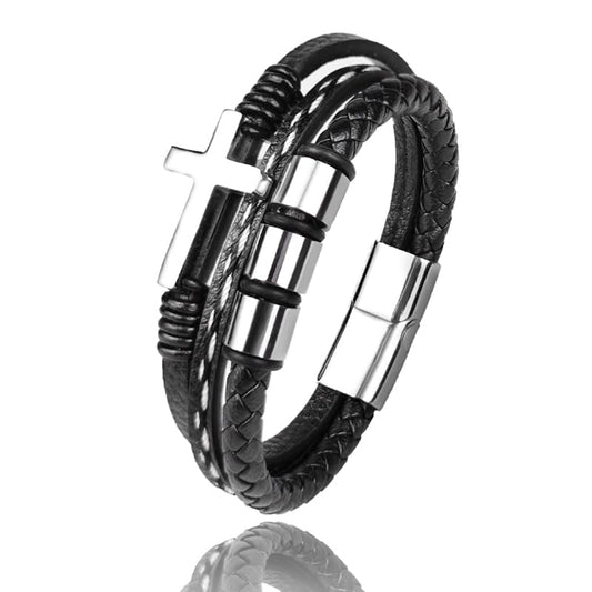 Multi-Layer Braided Leather Bracelets Mens Cross Leather Bracelet Wristband Religious Leather Bracelets Men Customized Gifts for Dad Husband Boyfriend Son - color: silver, size: 8.66
