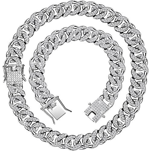 Hicarer 2 Pieces Cuban Link Chain for Men Women Cuban Necklace Bracelet Heavy Strong Link Chain Bling Unisex - color: Silver, size: 19.6 Inch, 7.87 Inch