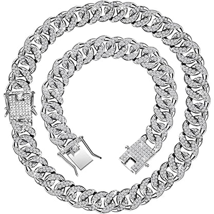 Hicarer 2 Pieces Cuban Link Chain for Men Women Cuban Necklace Bracelet Heavy Strong Link Chain Bling Unisex - color: Silver, size: 23.62 Inch, 7.87 Inch