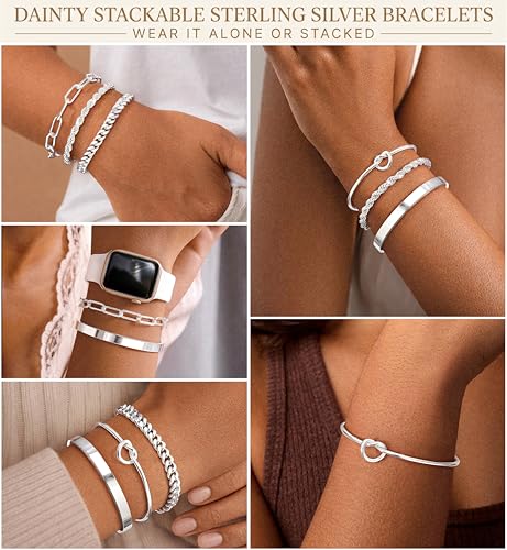 Gokeey Sterling Silver Cuff Bangle Bracelet Set for Women Waterproof, Non Tarnish S925 Silver Chunky Cuban Link Chain Heart Love Infinity Tie Knot Paperclip Beaded Twist Rope Silver Bracelets Fashion Jewelry Gifts Set - color: Silver-Stackable Bangles set