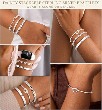 Gokeey Sterling Silver Cuff Bangle Bracelet Set for Women Waterproof, Non Tarnish S925 Silver Chunky Cuban Link Chain Heart Love Infinity Tie Knot Paperclip Beaded Twist Rope Silver Bracelets Fashion Jewelry Gifts Set - color: Silver-Stackable Bangles set