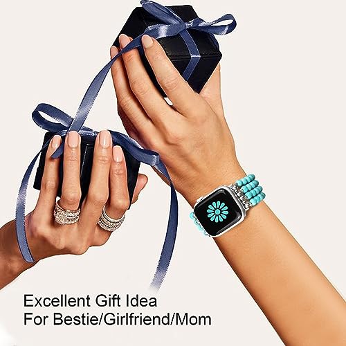 Newlibery Natural Stone Bracelet Beaded-Band Women Compatible with Apple Watch 42mm(S3/2/1) 44/45/46/49mm Feminine Handmade Stretch Strap for iWatch Series 11/10/9/8/7/6/5/4/3/2/1 SE 3/2/1 Ultra1/2/3 - color: B1 Matt Green Turquoise, size: 46(s10/11)/49/4