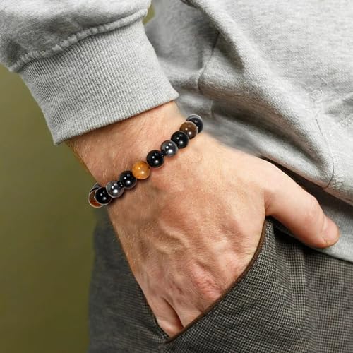 Mens Bead Bracelet Set - Adjustable Elastic Rope With 6&8MM Natural Stone Multi-Colored Beads - Tiger Eye Bracelets for Men - Gift - style: 3,tiger eye,black bracelets set