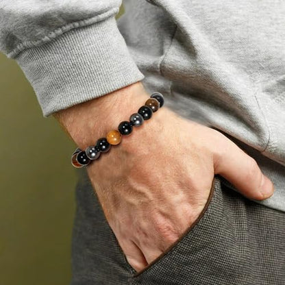 Mens Bead Bracelet Set - Adjustable Elastic Rope With 6&8MM Natural Stone Multi-Colored Beads - Tiger Eye Bracelets for Men - Gift - style: 3,tiger eye,black bracelets set