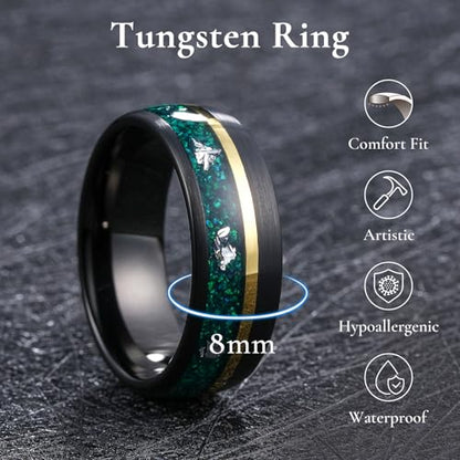 King Will Black Tungsten Rings for Men Hammer Wedding Band | Black, Grooved, Hammer Wedding Band Gold Groove, Sand Inlay, Everyday Wear - color: Green Opal & Silver Foil