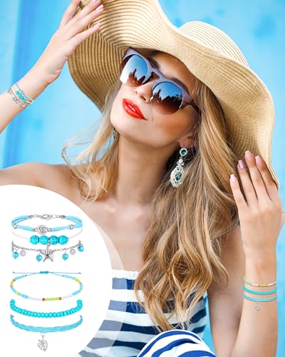 Hicarer 21 PC Surfer Wave Friendship Bracelet Set Waterproof Adjustable Boho Beach String Anklets Bulk, Summer Gift for Women - style: Blue Series