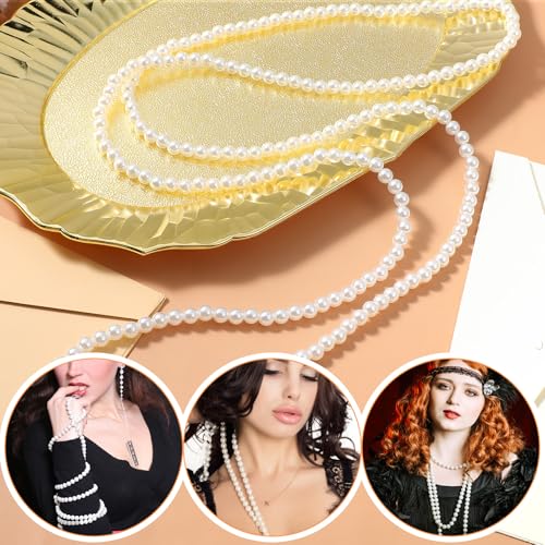 59" Long Pearl Necklace, Vintage Elegant Long Pearls Necklace Fashion Faux Pearls Pendants 1920s Gatsby Costume Jewelry White Faux Pearls Strand Beads for Women Wedding Party