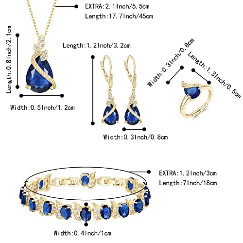 Jewelry Set for Bride, Sparkling Water Drop Cubic Zirconia Crystal Pendant Necklace Leverback Earrings Tennis Bracelet Adjustable Ring Gift for Wedding/Birthday/Mother's Day/Christmas - color: 15-Sapphire Color Gold-Plated-Brass