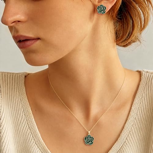 Enamel Rose Necklace and Earrings Jewelry Set for Women | 14K Gold Plated,Rose Represent: Love Gratitude Prid,Adjustable Chain Fit,Elegant Sets for Daily and Party Wear,Gift Box - color: Green