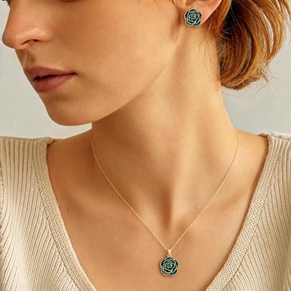 Enamel Rose Necklace and Earrings Jewelry Set for Women | 14K Gold Plated,Rose Represent: Love Gratitude Prid,Adjustable Chain Fit,Elegant Sets for Daily and Party Wear,Gift Box - color: Green