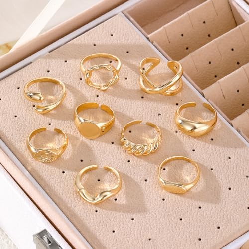 Chunky Rings for Women Non Tarnish 14k Stackable Dome Statement Rings Sets Vintage Dainty Knuckle Open Midi Finger Rings Jewelry Pack Gifts - style: 9PCS