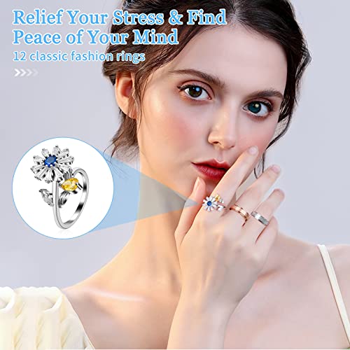 Cruzix 12Pcs Anxiety Fidget Rings for Women, Stainless Steel Spinner Rings Moon and Star Bead Band Ring Adjustable Open Ring Sunflower Fidget Rings for Men Teens Anti Stress Gift, Size 7-10