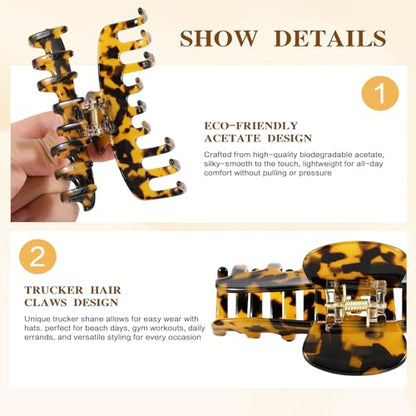 2 Pcs Large Hat Claw Clips for Women, Double Row Teeth Hair Claw Clips | Acetate Tortoise Shell Trucker Hat Hair Clips for Baseball Cap, Fit for Thin Thick Hair Hat Hairstyles,Gifts Hair Accessories