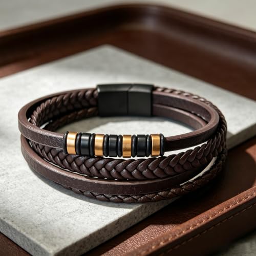 Italian Handmade Leather Bracelets for Men - color: Brown, size: 8.2"
