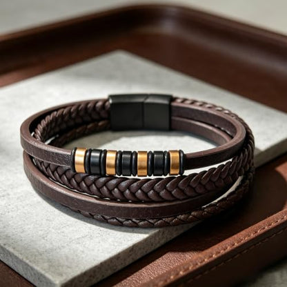 Italian Handmade Leather Bracelets for Men - color: Brown, size: 8.2"