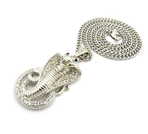 Fashion 21 Pave Red Eye Cobra Pendant 24" Rope, 36" Cuban Chain Necklace in Gold, Silver Tone Plated - style: Silver Tone / 36" Cuban Chain