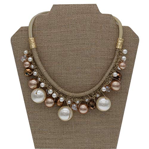utop JNF Hand made Pearl Statement Necklace for Women Rhinestone Multilayer Crystal Necklaces Chunky Pearl Necklace Large Pearl Necklace and Earrings Set for Mother Mom's gift - color: champagne pearl necklace leather