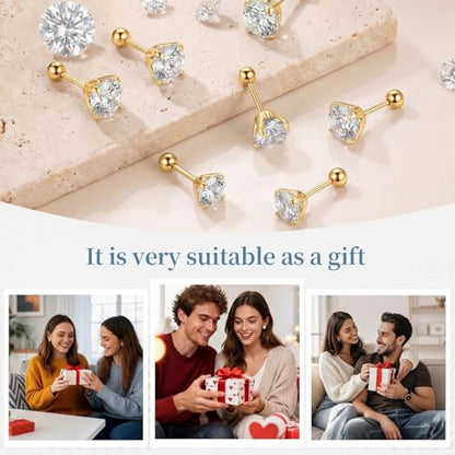 7 Pairs 20G Stainless Steel Stud Earrings Set Cubic Zirconia CZ Earrings Multi Size 2mm-8mm - color: golden, size: Modern