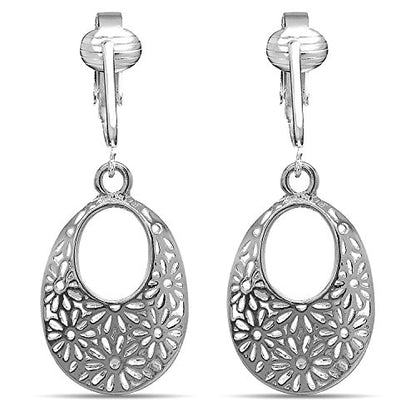 Silver Clip On Earrings For Women, They Look Pierced, Don't Pinch & Won't Fall Off, Hypoallergenic & Lightweight - color: Silver Daisy Oval Hoops