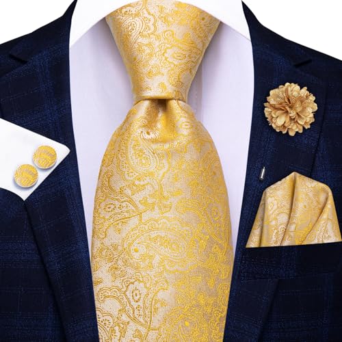 Hi-Tie Men's Silk Ties Formal Woven Classic Necktie Pocket Square Cufflinks Lapel Pin Set Wedding Business - color: A Yellow