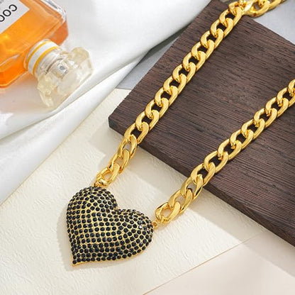 Gold Cuban Link Chain Necklace with Red Crystal Heart Pendant, Statement Chunky Curb Link Chain，Fashion Jewelry for Women - color: Black