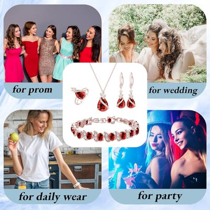 GZWHD Jewelry Set for Women CZ Earrings Necklace Ring Bracelet Set Prom Party Wedding Jewelry Gift for Mother Friend Wife - color: A-Rose Gold-Garnet
