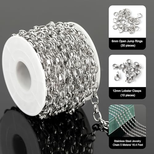 UMAOKANG 16.4 Feet Stainless Steel Jewelry Making Chain Oval Chains Bulk with Jewelry Findings Men and Women Necklace DIY - color: Steel Rolo