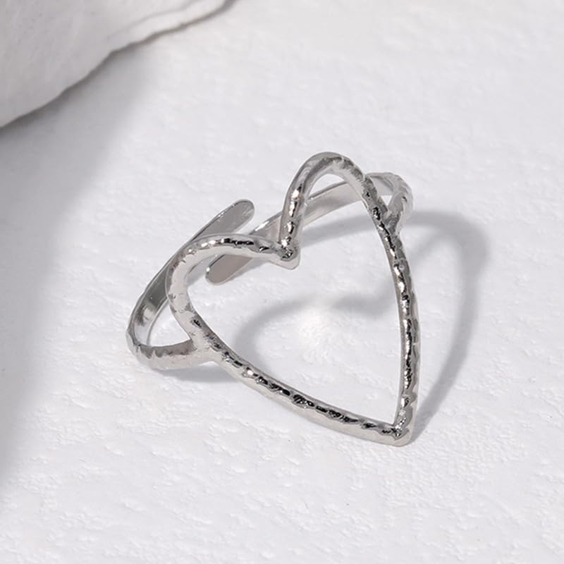 Hollow Heart Titanium Steel Ring for Women Open heart shaped stainless steel ring Irregular Hammered Heart Adjustable index finger Ring - color: silver