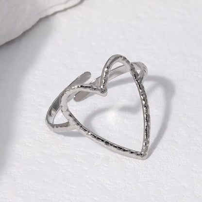 Hollow Heart Titanium Steel Ring for Women Open heart shaped stainless steel ring Irregular Hammered Heart Adjustable index finger Ring - color: silver