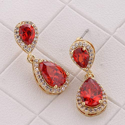 Pave Teardrop Earrings for Wedding Sterling Silver Double Pear Shaped CZ Cubic Zirconia Crystal Rhinestone Birthstone Dangle Earrings Bridal Jewelry for Bride Bridesmaids - color: Stunning Ruby
