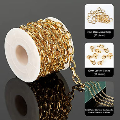 UMAOKANG Gold Plated Stainless Steel Cable Chain for Jewelry Making | 16.4 Feet PVD Gold Plating Permanent Jewelry Chain Chunky Oval Link Necklace Chains Bulk - color: Gold Cable