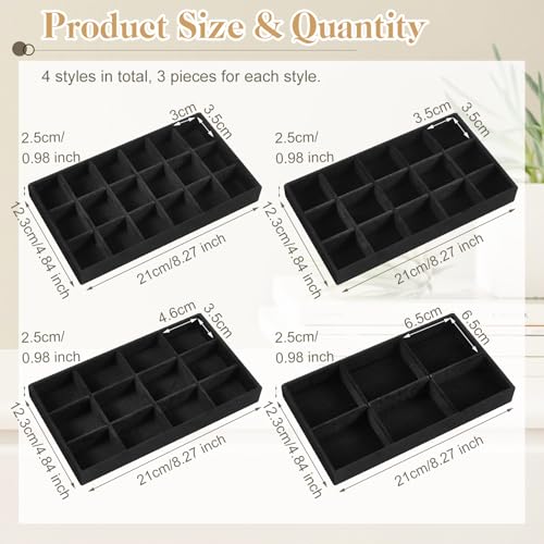 12 Pcs Jewelry Tray Velvet Stackable Jewelry Organizer Trays Divided Earring Accessories Storage Containers Box (Rose Red) - color: Black