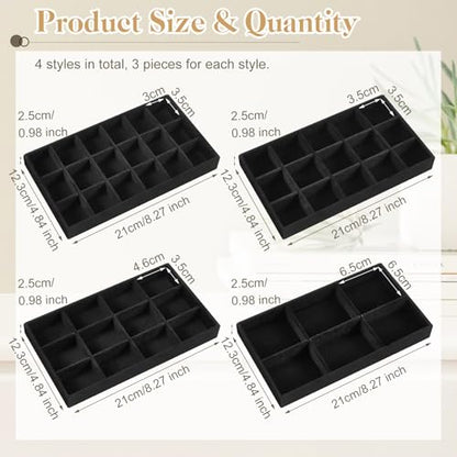 12 Pcs Jewelry Tray Velvet Stackable Jewelry Organizer Trays Divided Earring Accessories Storage Containers Box (Rose Red) - color: Black