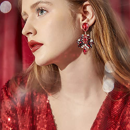 Clip-On Earrings Wedding Stunning Crystal Rhinestone Marquise Teardrop Cluster Dangle Earring for Women Party Prom Accessory - color: Ruby Color Gold-Tone