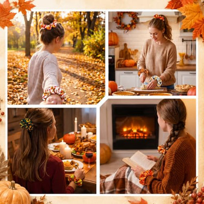 80 Pcs Fall Satin Hair Scrunchies for Women Girls Autumn Thanksgiving Pumpkin Maple Leaves Hair Ties Turkey Elastic Bands Bulk for Autumn Harvest Party Favors Gift Accessories - style: Fall
