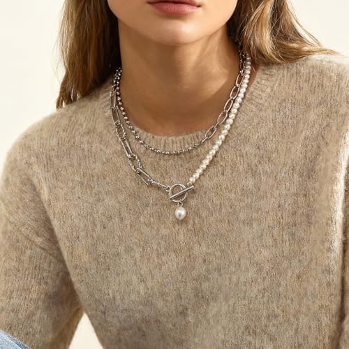 HUASAI Boho Necklaces for Women Dainty Layered Choker Necklace Bohemian Turquoise Necklace Statement Jewelry Western Cowgirl Country Concert Outfits Accessories - color: B Silver Paperclip Chain Pearl Necklace