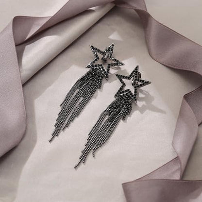 EVER FAITH Crystal Long Waterfall Star Tassel Clip-on Earrings for Women | Rhinestone Beaded Fringe Chandelier Dangle Statement Earring, Wedding Party Jewelry - color: Black Black-Tone