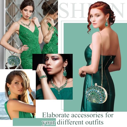 Quelay 4 Pcs Purse Rhinestone Jewelry Set Women | Wedding Bridal Prom Jewelry Sparkly Clutch Handbag with Necklace Bracelet Dangle Earrings Shiny Costume Kit - color: Green, style: Luxurious