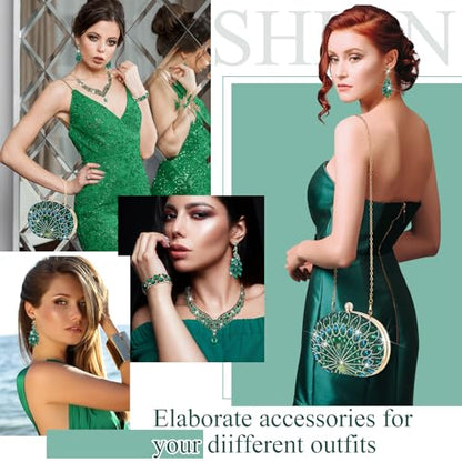Quelay 4 Pcs Purse Rhinestone Jewelry Set Women | Wedding Bridal Prom Jewelry Sparkly Clutch Handbag with Necklace Bracelet Dangle Earrings Shiny Costume Kit - color: Green, style: Luxurious