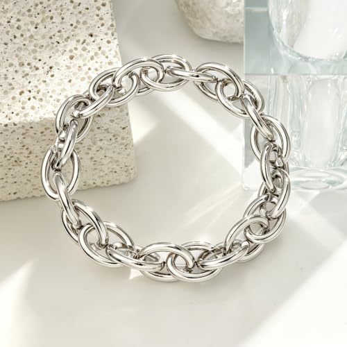 Chunky Gold Bracelet for Women Non Tarnish, Trendy Stretch Cuban Link Chain Plated Gold Bangle Bracelets - color: O-Small-Silver