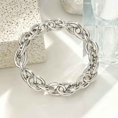 Chunky Gold Bracelet for Women Non Tarnish, Trendy Stretch Cuban Link Chain Plated Gold Bangle Bracelets - color: O-Small-Silver