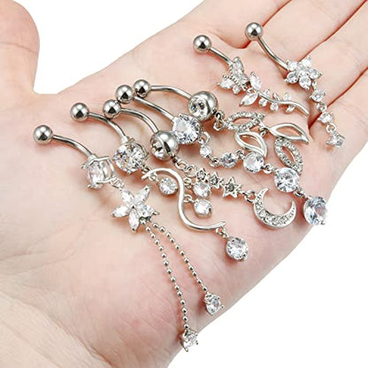 7PCS 14G 10mm Stainless Steel Dangle Belly Button Rings for Women Belly Piercing CZ Inlaid - style: Silver-B