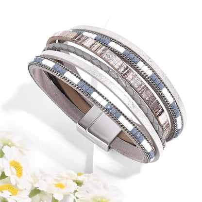 VIBILIA Boho Leather Wrap Bracelets for Women Multi-Layer Bracelets | With Strong Clasp Jewelry for Women - color: 03-BohoBraid-Gray